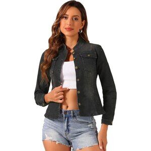 Women's Casual Denim Jacket Classic Stand Collar Long Sleeve Jean Jacket Black